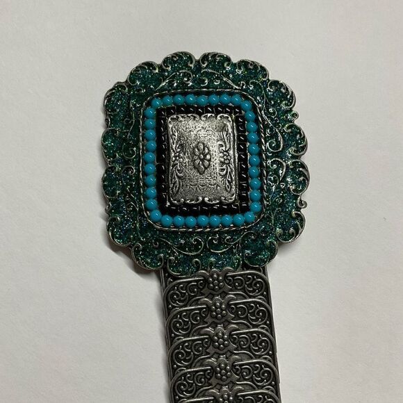 Vintage Belt Rocker Biker Large Ornate Buckle Pewter Toned Floral Turquoise 30” - Picture 5 of 9